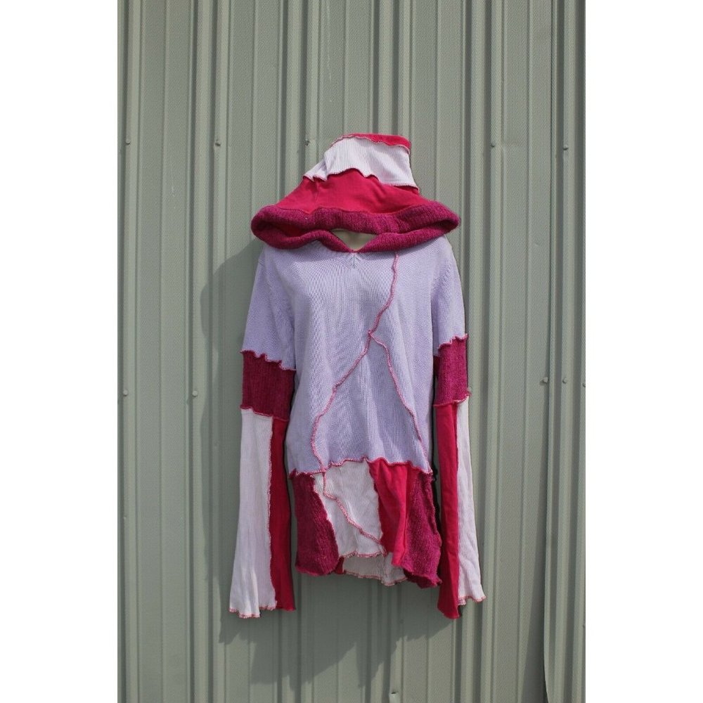 Upcycled Sweater Pink Red LL Bean Heavy XL/XXL 23" Bust Hooded Elven Fairy Boho - Picture 2 of 12